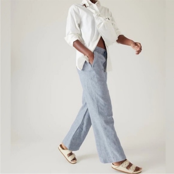 TALL Athleta Retreat Linen Chambray Blue Wide Leg Pant - Picture 3 of 11